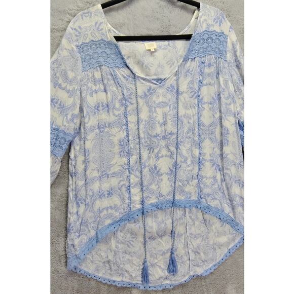 Surf Gypsy Boho Womens Shirt Size Medium Bell Sleeve Paisley Tassel Blue Vintage - Picture 8 of 8